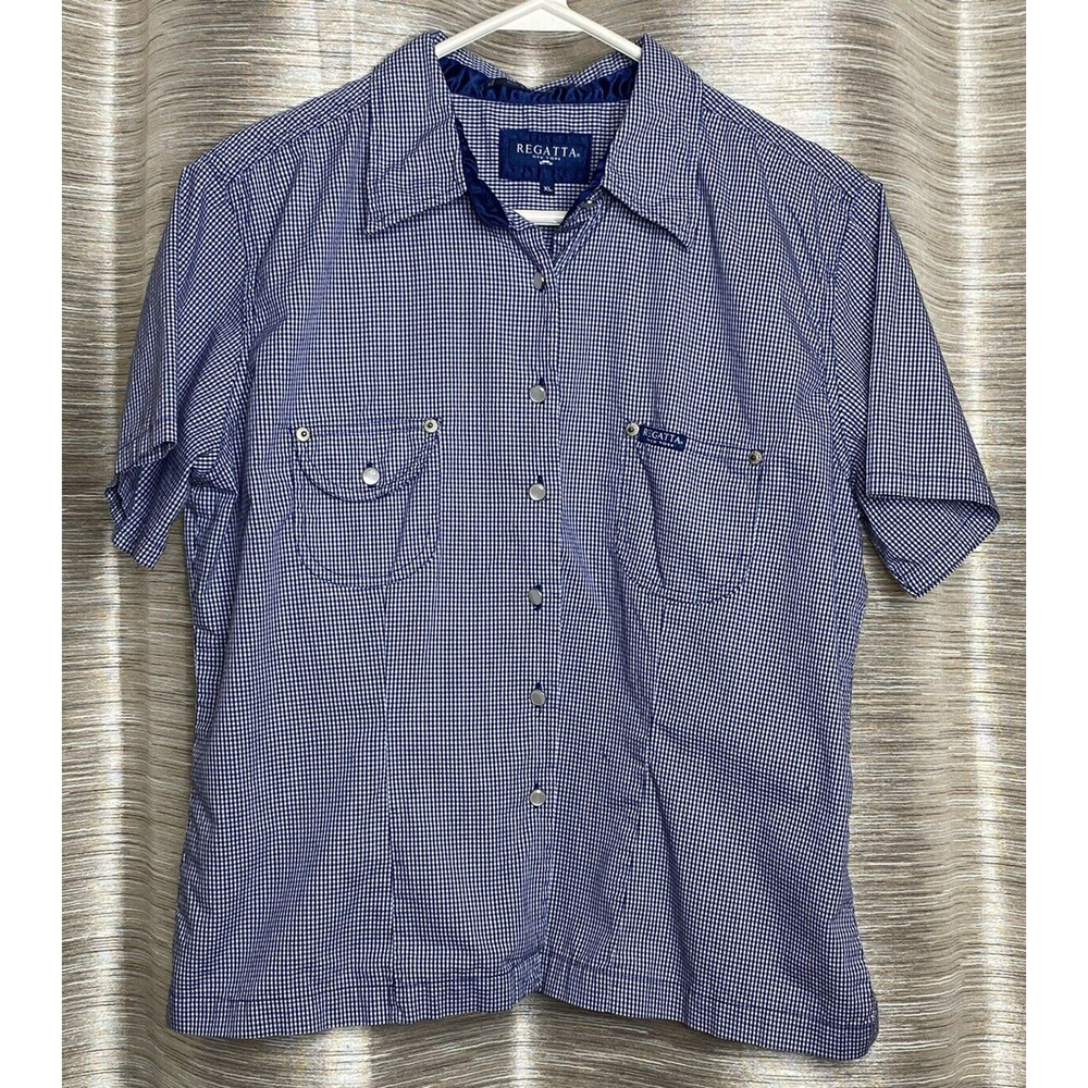 Regatta NY Women's‎ XL Button Down SS Plaid Navy Blue Check Print Collar Pockets